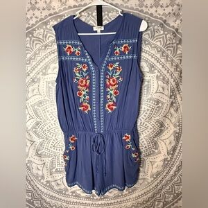Umgee Blue Romper with Floral Embroidered Details
